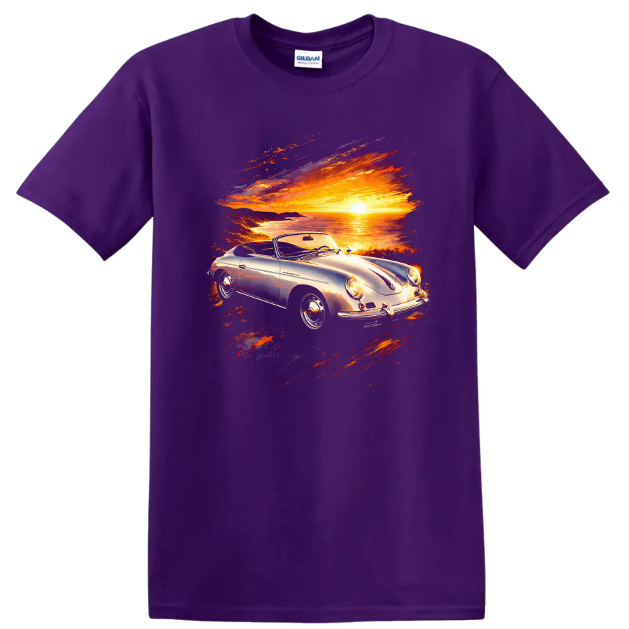 Porsche 356 convertible at sunset with colorful coastal scenic graphic print on a Purple T Shirt