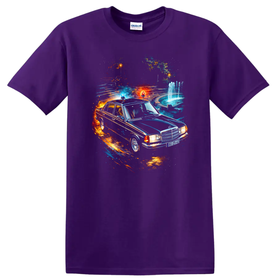 Mercedes-Benz W123 classic car with neon graphic print on T shirt on a Purple T Shirt