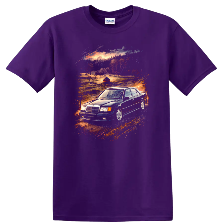 Mercedes-Benz E500 W124 old car graphic print T-shirt with scenic vintage car artwork on a Purple T Shirt