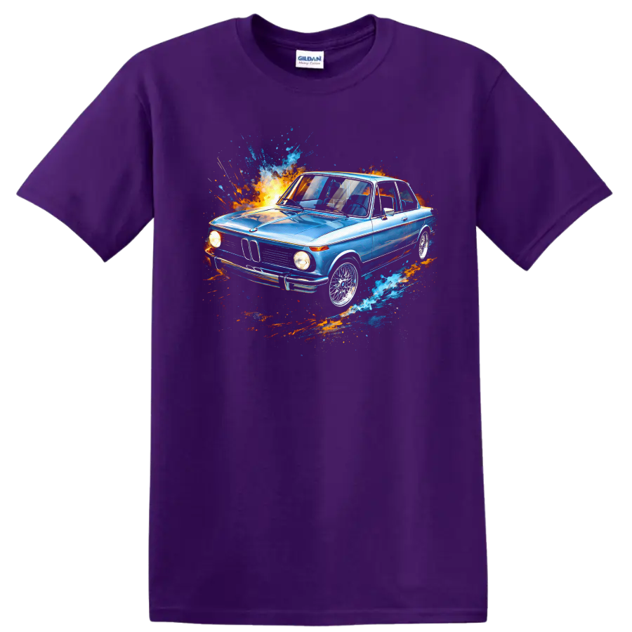 Blue BMW 2002 painting style car with colorful splash graphic on T shirt on a Purple T Shirt