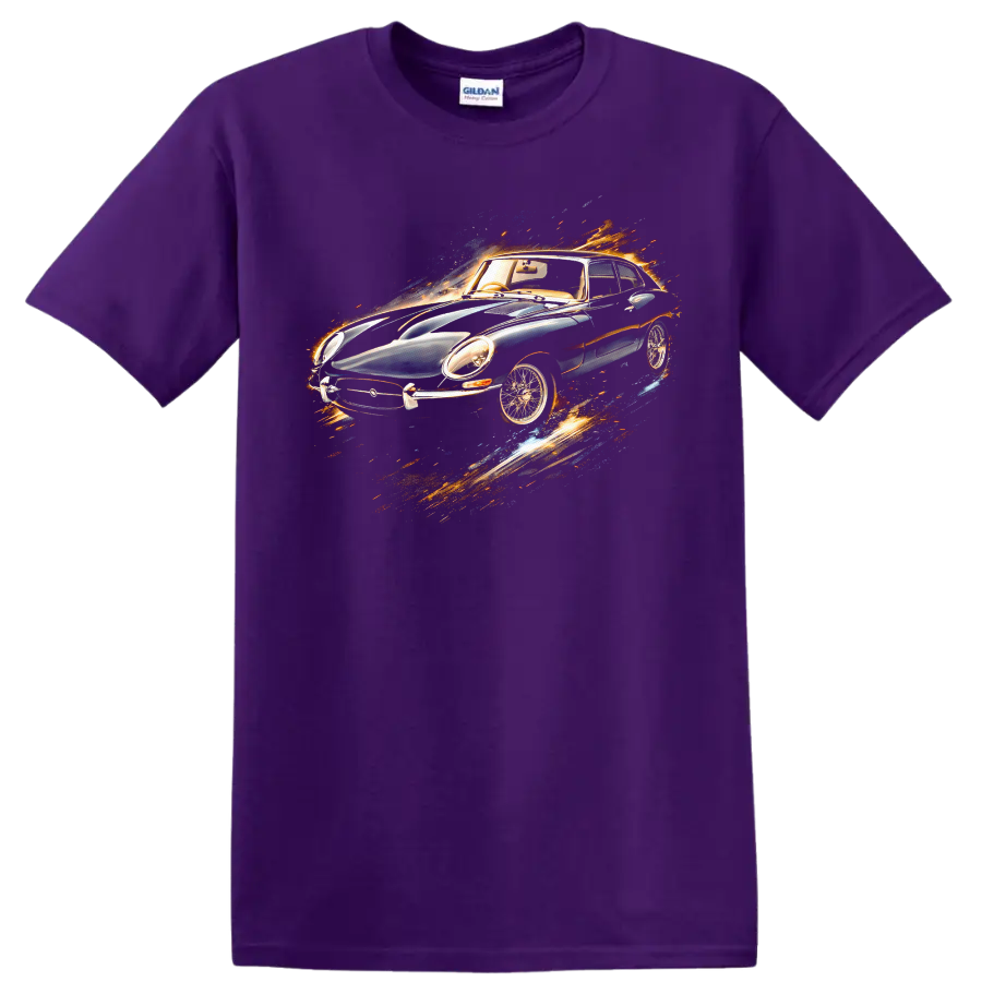 Jaguar E-Type Coupe 1963 with fiery motion effect graphic print T-shirt on a Purple T Shirt
