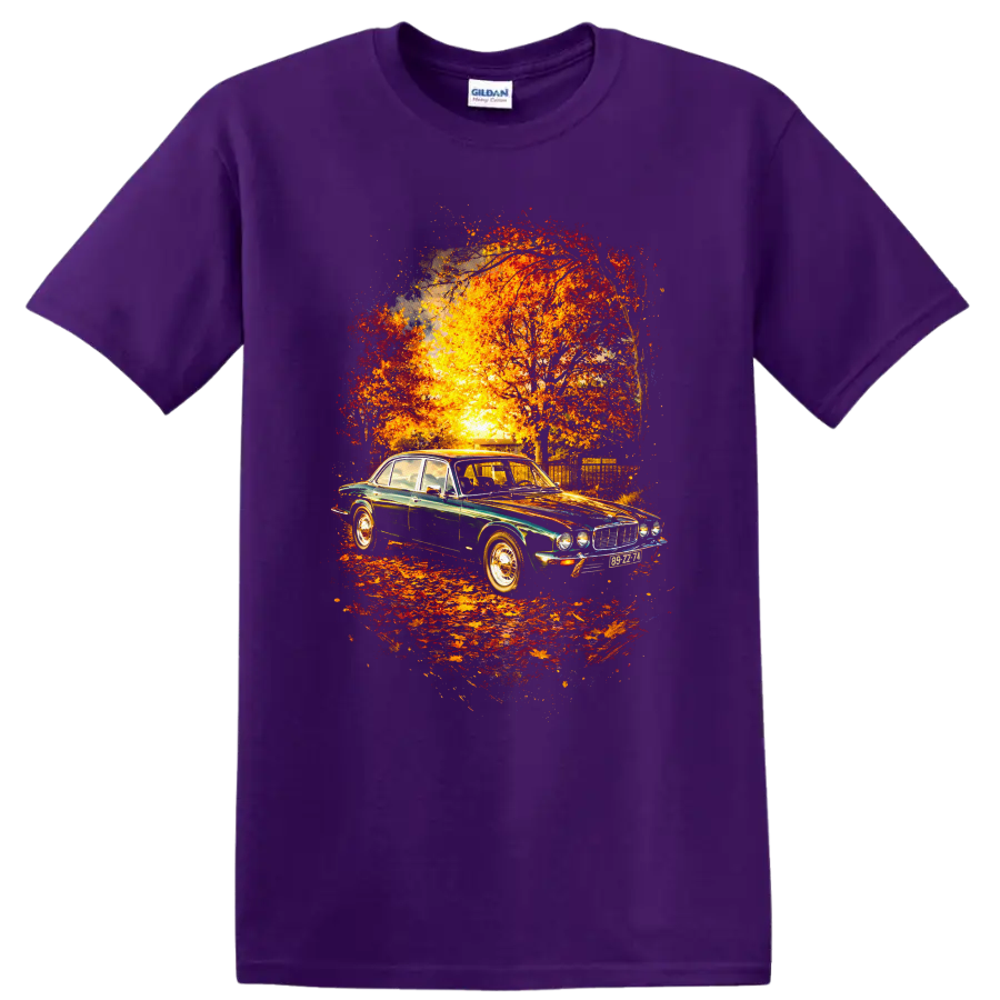 Jaguar XJ old car graphic print with autumn trees and sunset on a Purple T Shirt