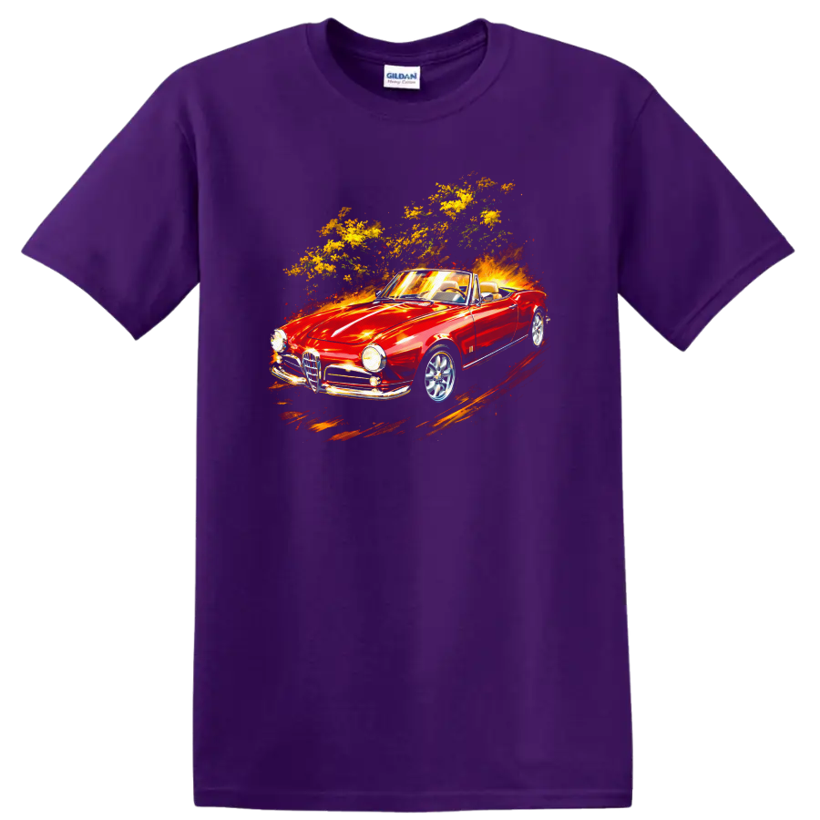 Red Alfa Romeo Giulietta Spider convertible graphic print T Shirt on a Purple T Shirt