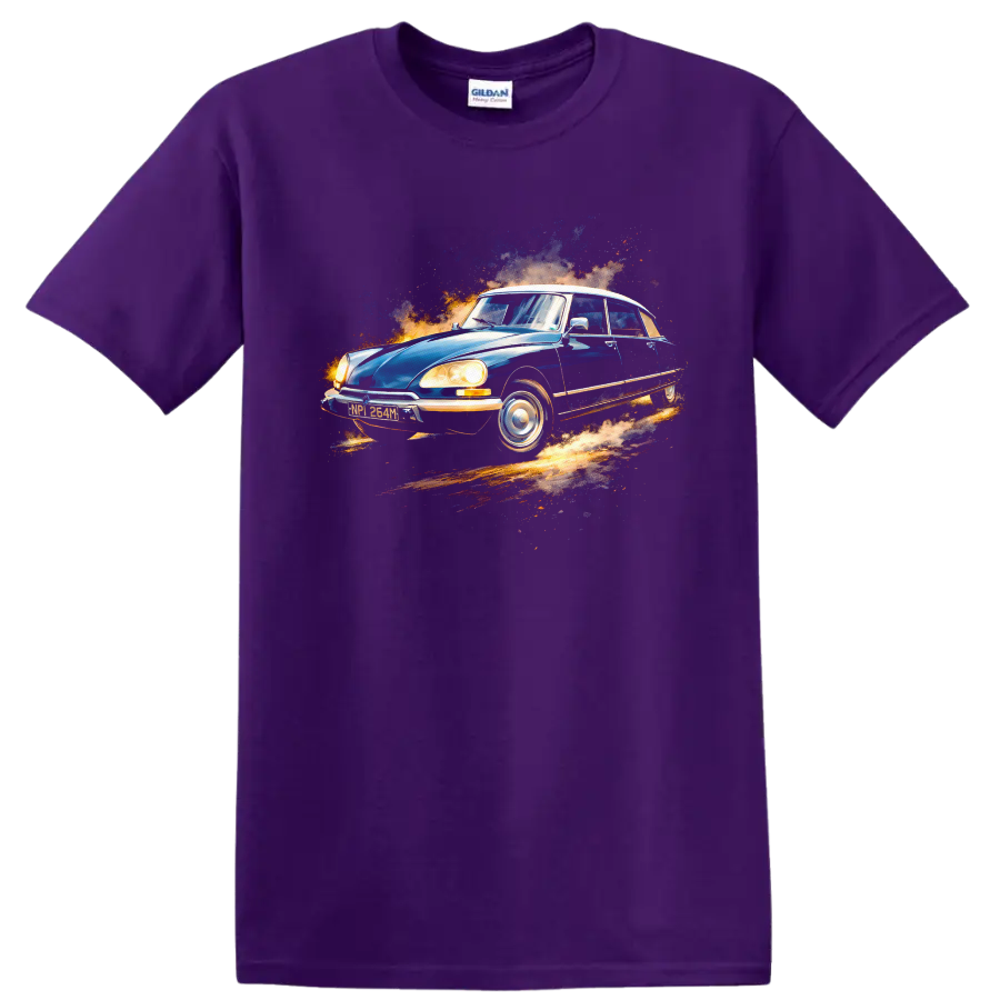 Blue Citroën DS classic car graphic print T shirt on a Purple T Shirt