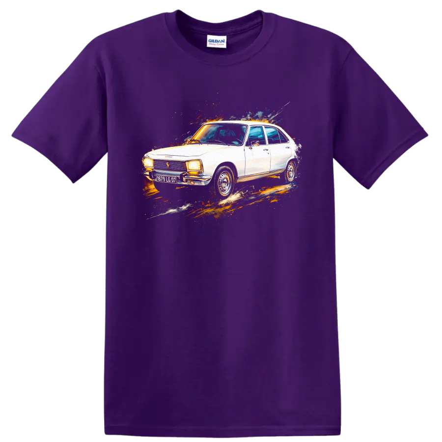 White Peugeot 504 classic car with colorful paint-splash graphic print on a Purple T Shirt