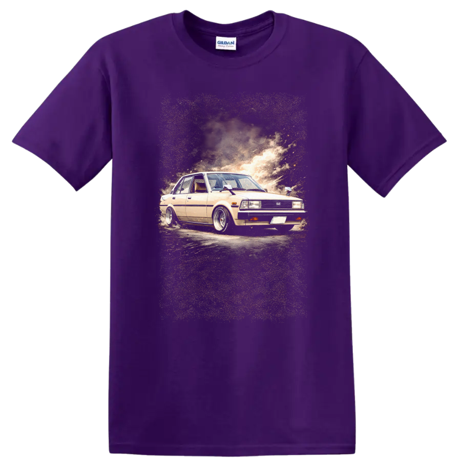 Beige Toyota Corolla KE70 old car graphic print with smoky automotive backdrop on a Purple T Shirt