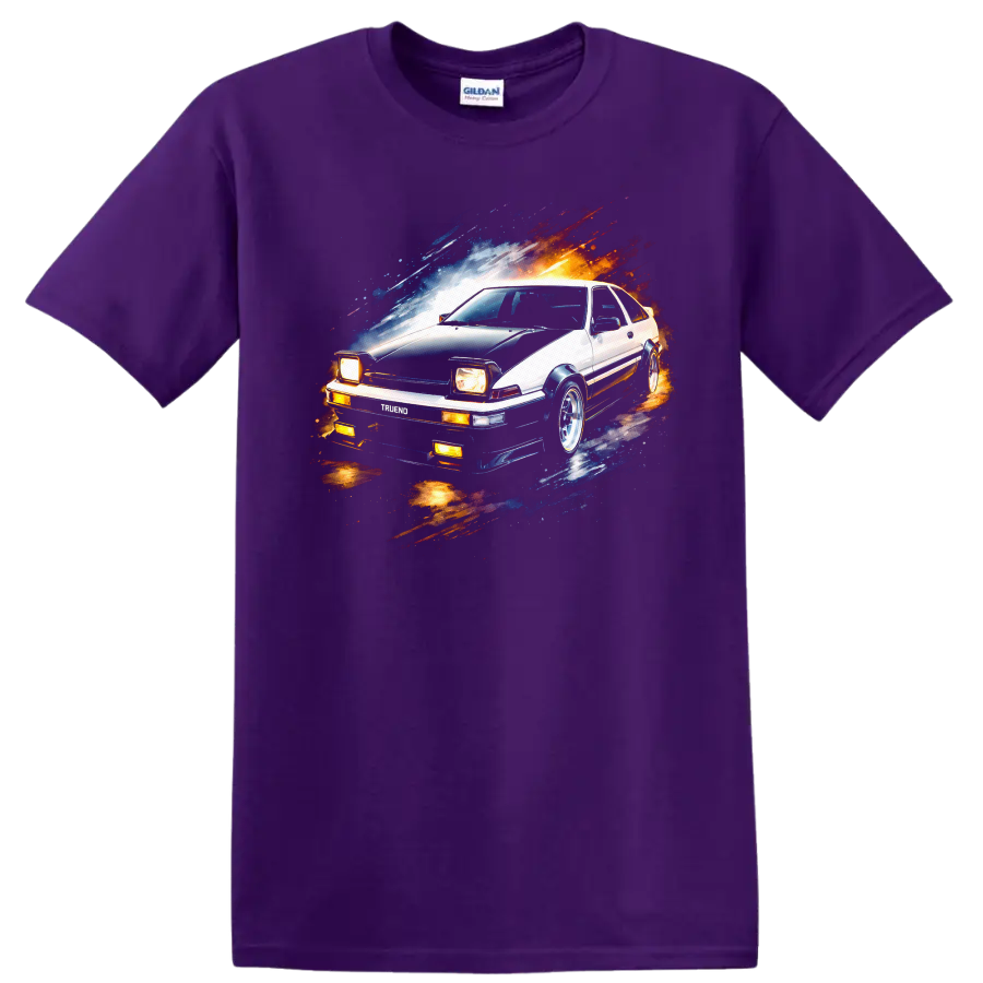 Toyota Sprinter Trueno AE86 car graphic print with racing motion streaks on T shirt on a Purple T Shirt