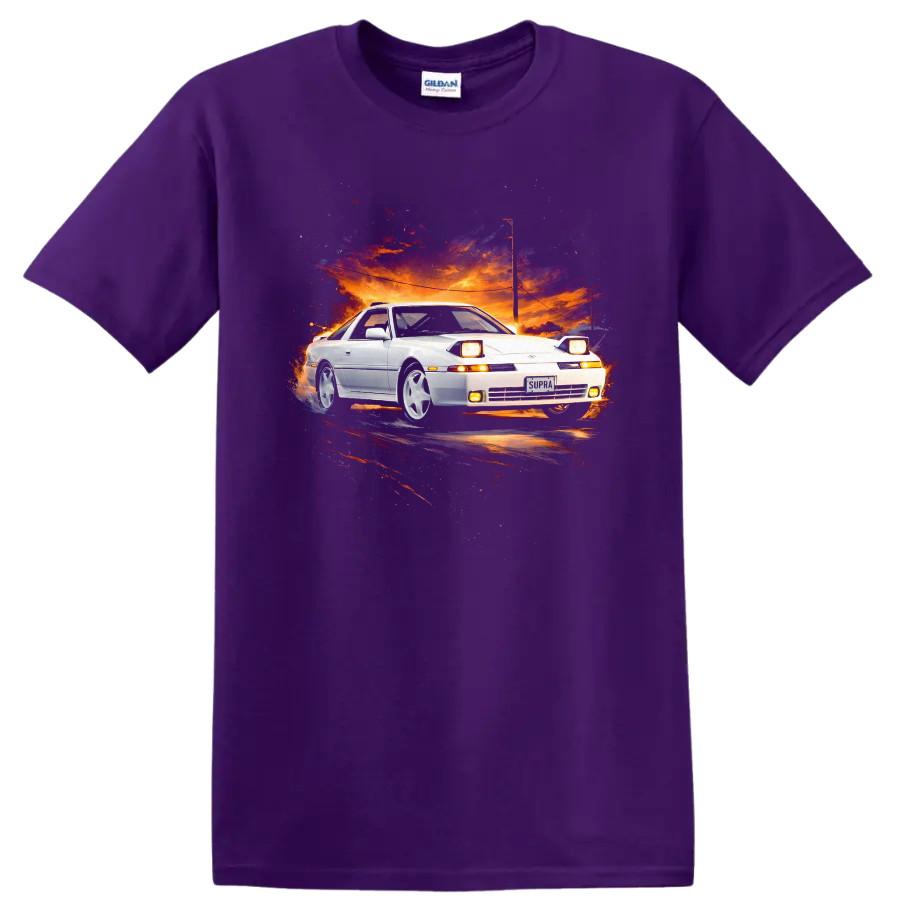 White Toyota Supra MK3 car art on a sunset background graphic T shirt on a Purple T Shirt