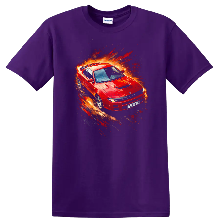 Red Toyota Celica GT-Four RC with explosive motion paint-splash graphic on a black T-shirt on a Purple T Shirt