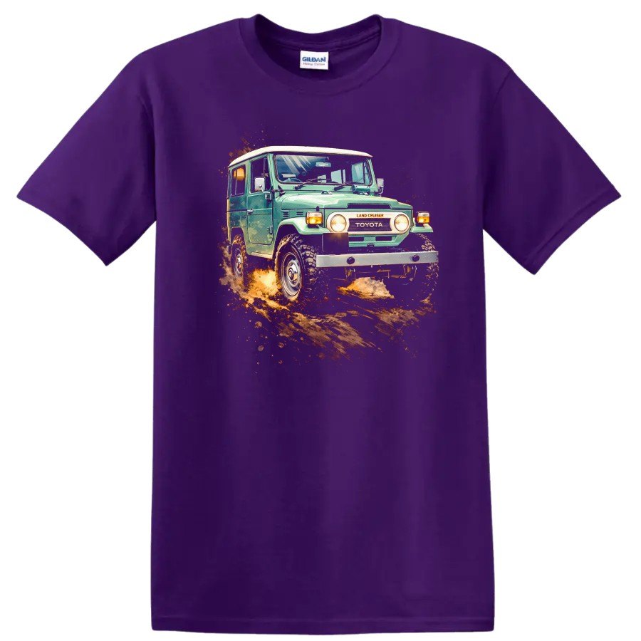 Vintage Toyota Land Cruiser J40 driving through dirt with off-road splash graphic print on a Purple T Shirt