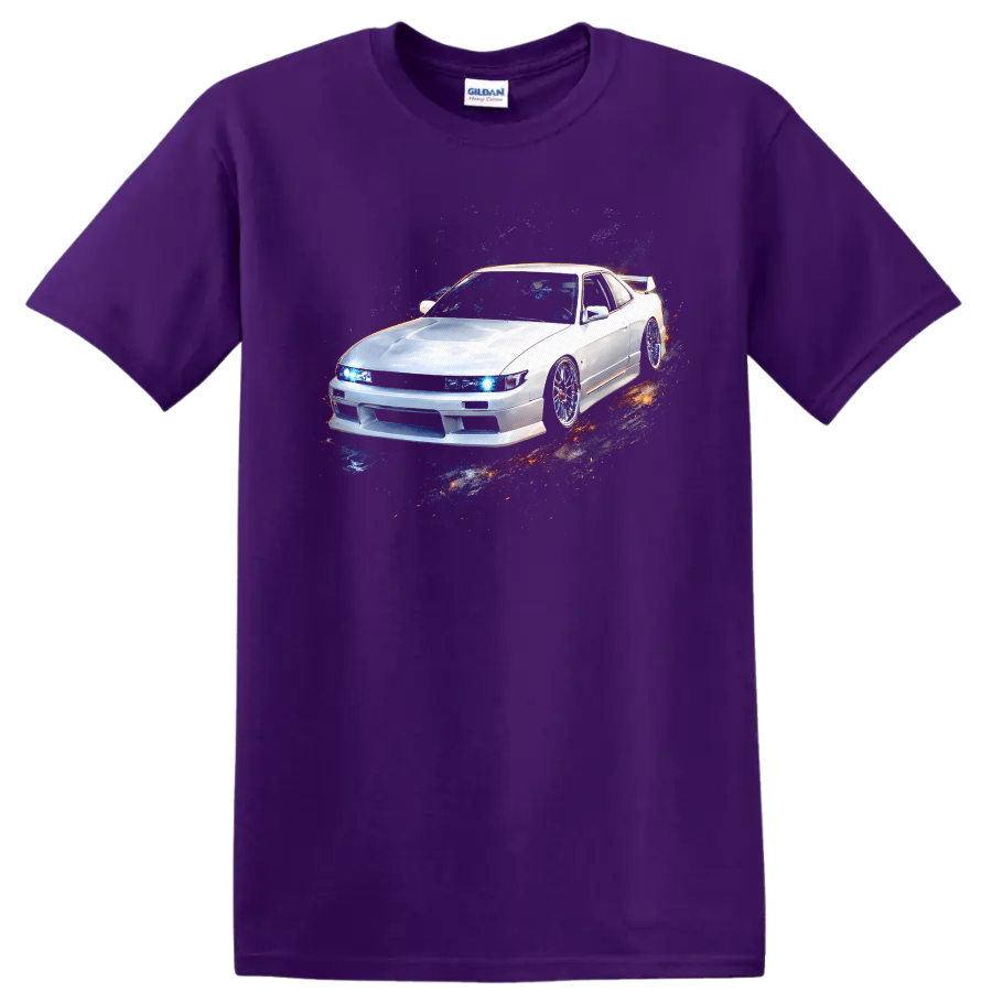 White Nissan Silvia S13 car graphic with blue headlights and pixel splash effect on a Purple T Shirt