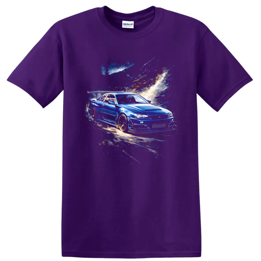 Blue Nissan Skyline GT-R R34 street racing graphic print T shirt on a Purple T Shirt
