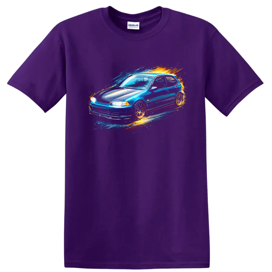 Blue Honda Civic EG hatchback with colorful splash graphic print on a Purple T Shirt