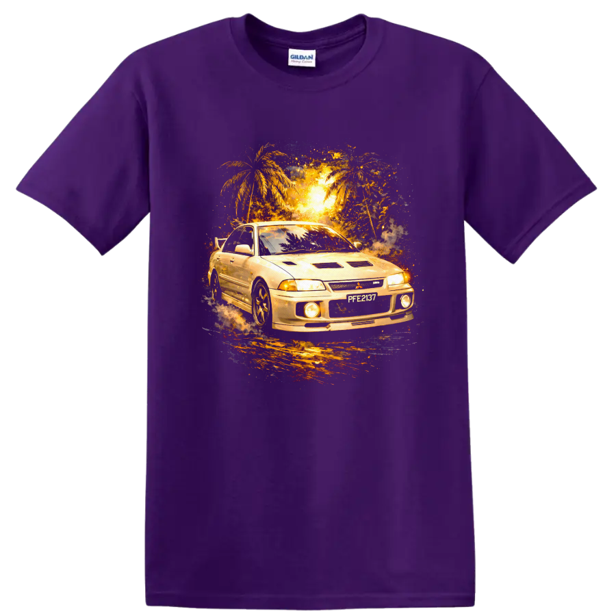 Mitsubishi Lancer Evolution III car graphic with palm trees and glowing sunset on a Purple T Shirt