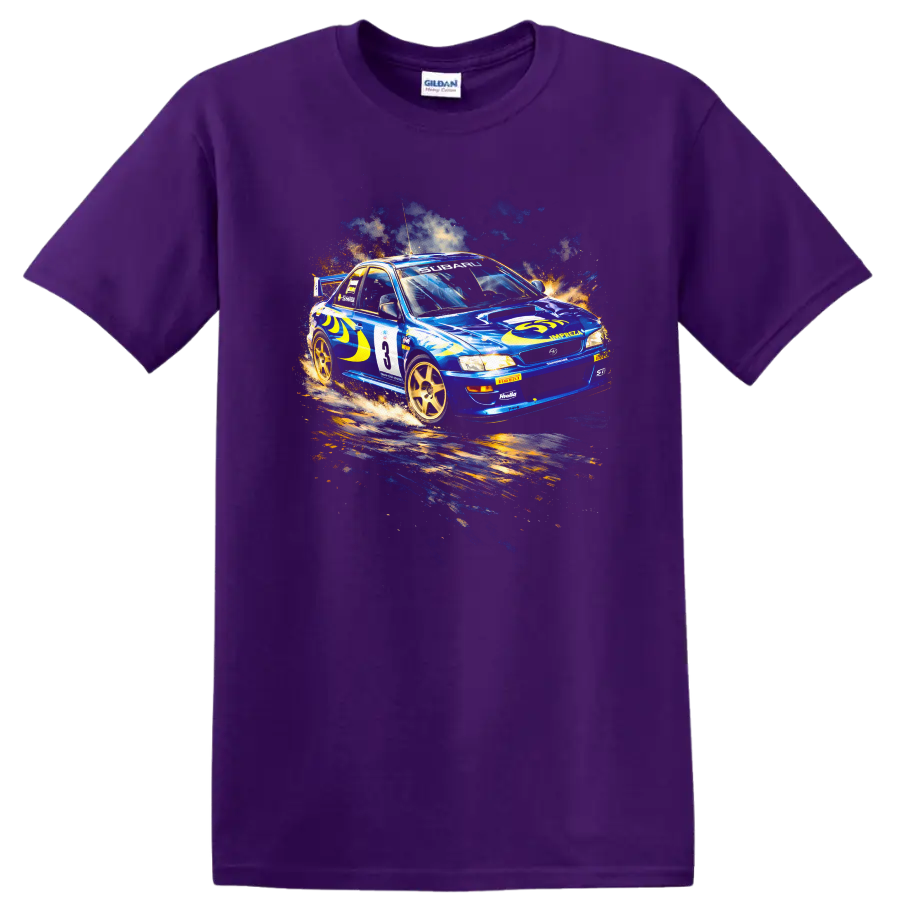 Blue Subaru Impreza WRC rally car graphic print T shirt on a Purple T Shirt
