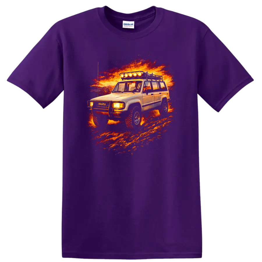 Isuzu Trooper old car graphic print with fiery off road scene on a Purple T Shirt
