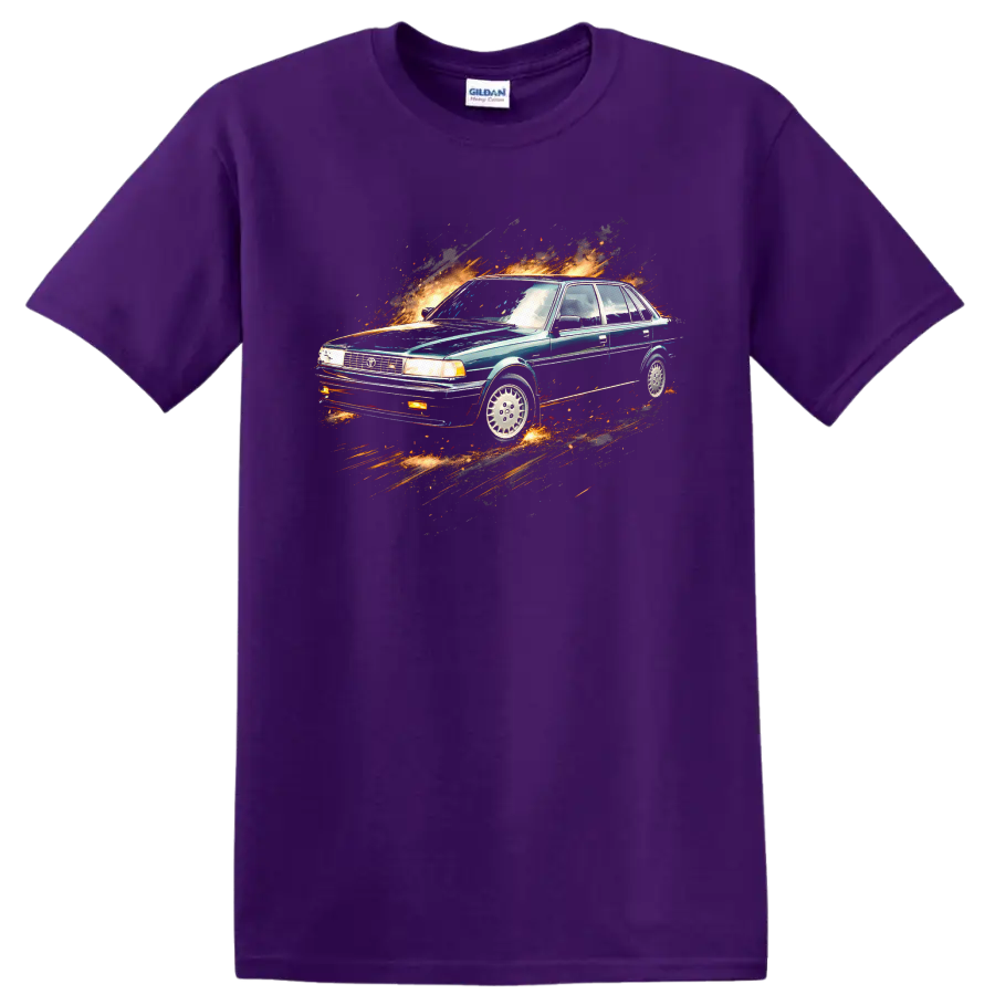 Toyota Camry II sedan graphic print with fiery motion effect on a Purple T Shirt