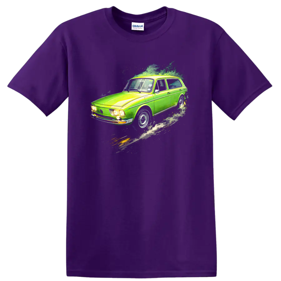 Green Volkswagen Brasília old car graphic print T-shirt on a Purple T Shirt