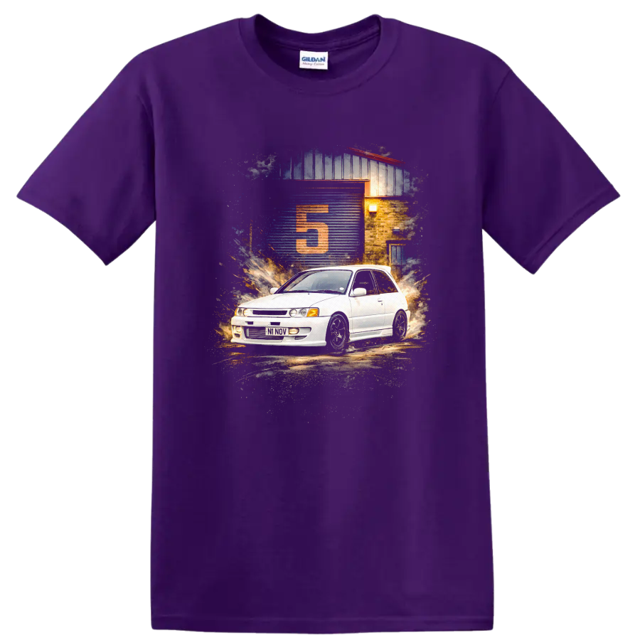 Toyota Starlet GT Turbo graphic print with white hatchback and garage scene on a Purple T Shirt