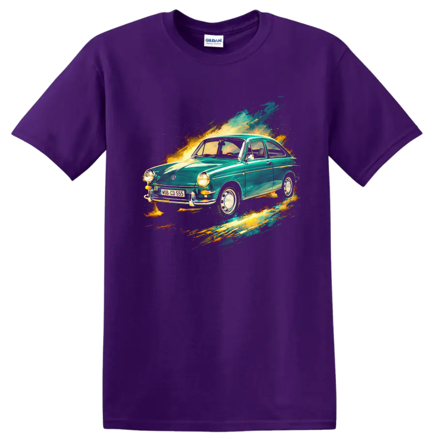 Vintage Volkswagen Type 3 car with colorful paint-splash graphic print T-shirt on a Purple T Shirt