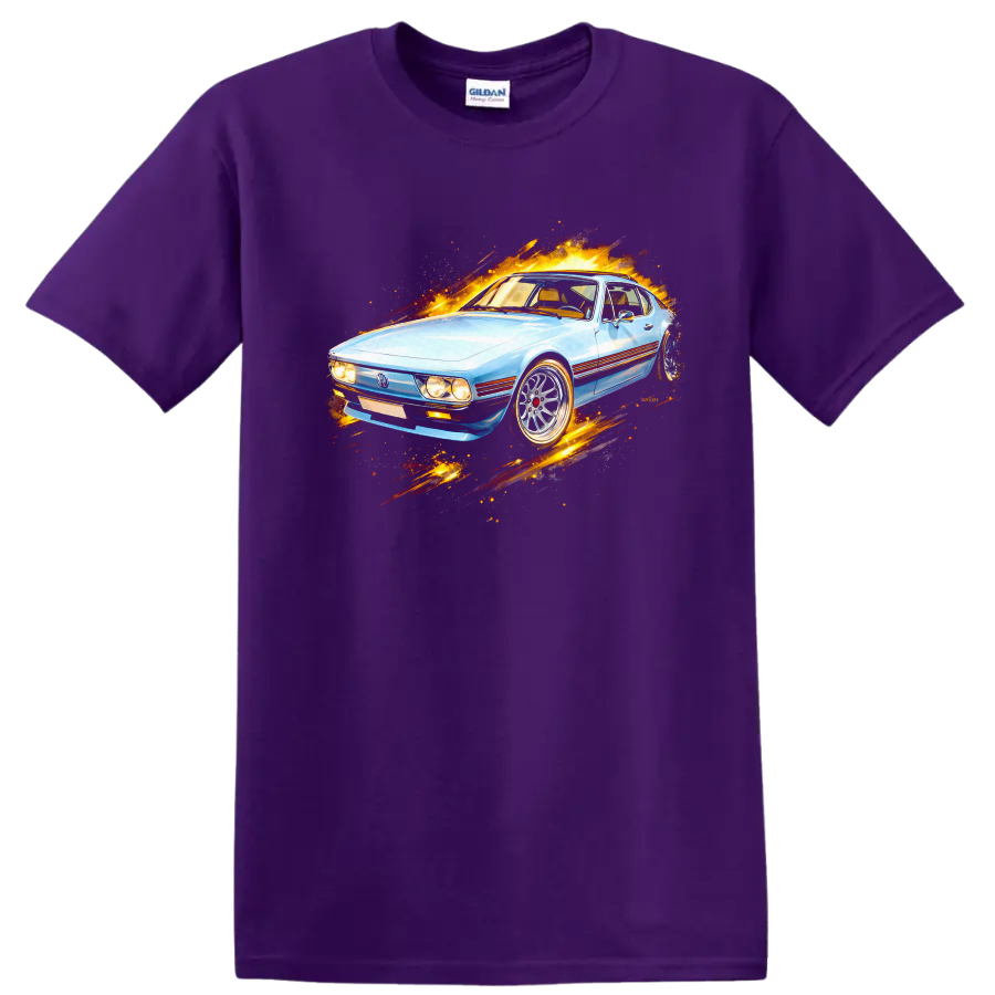 Light blue Volkswagen SP2 old car graphic print with fiery motion effects on a Purple T Shirt
