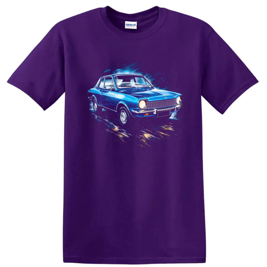 Blue Ford Corcel old car with splash art graphic print T shirt on a Purple T Shirt