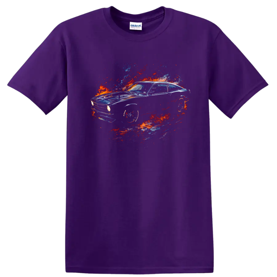 Vintage Ford Maverick car with fiery blue red graphic print on black T shirt on a Purple T Shirt