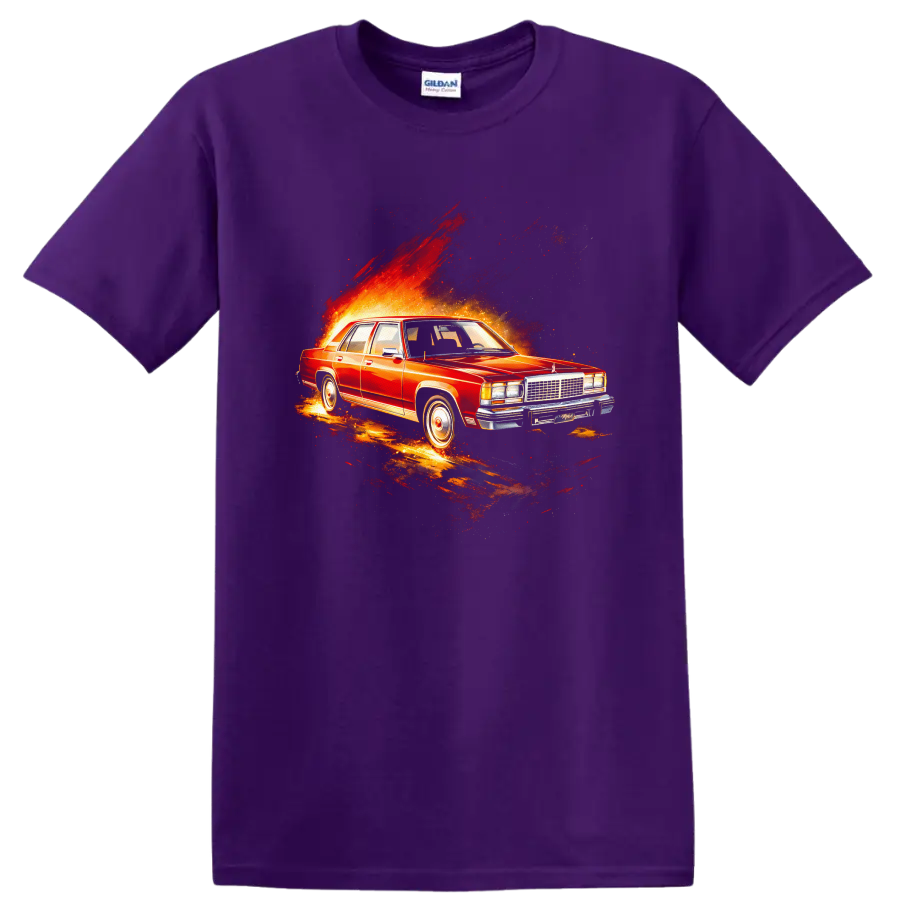 Red Ford LTD old car with fiery burst graphic print on a black T shirt on a Purple T Shirt