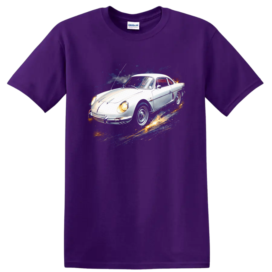 White Alpine A110 classic car with colorful splash graphic print on a Purple T Shirt