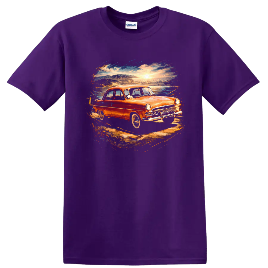 Aero-Willys 1962 old car sunset coastal graphic T shirt on a Purple T Shirt
