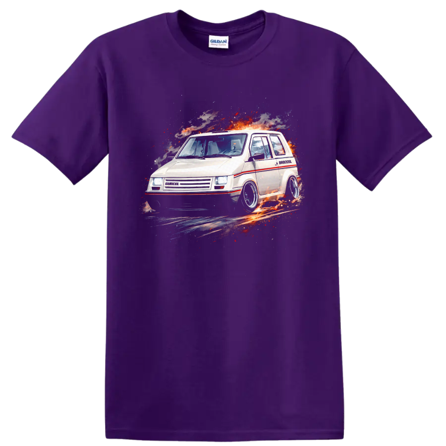 White Gurgel BR-800 old car with explosive retro graphic print on black T shirt on a Purple T Shirt