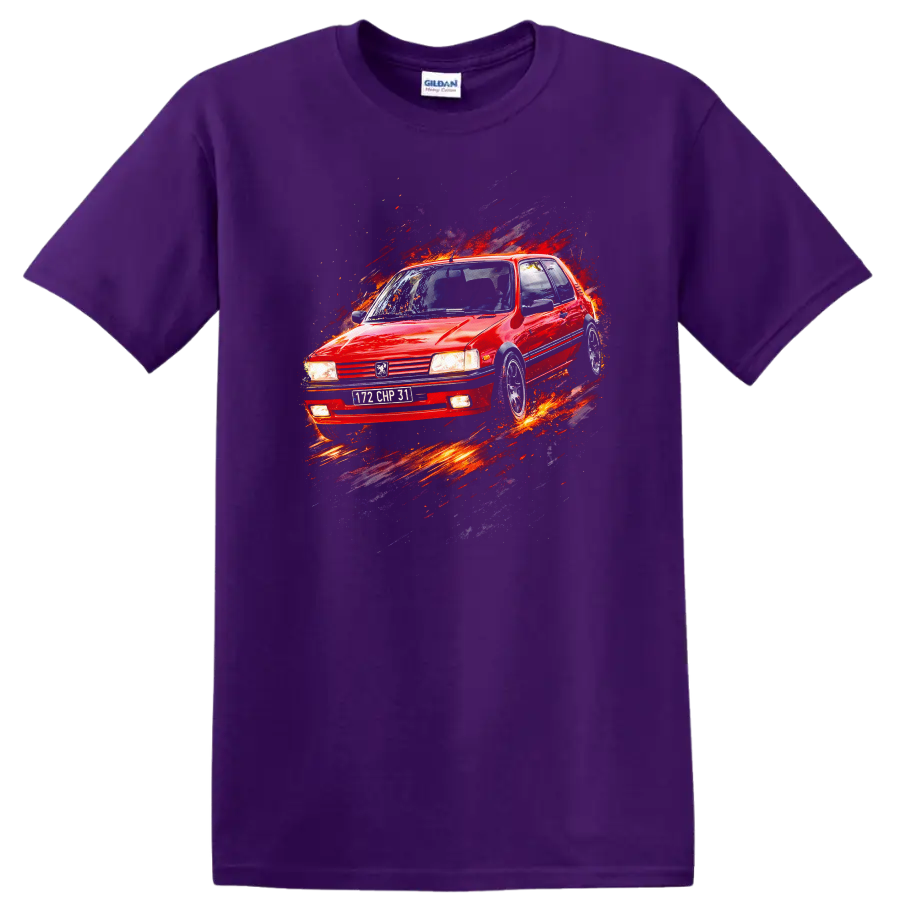 Red Peugeot 205 GTI old car graphic print with splash effect on a Purple T Shirt