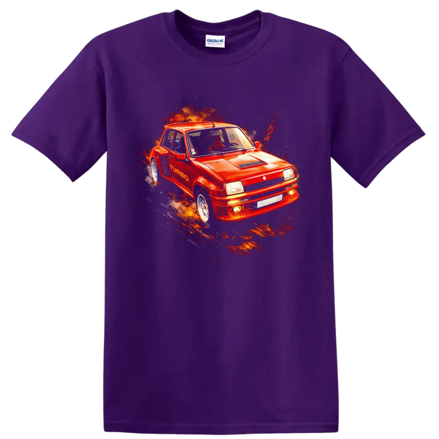 Renault 5 Turbo red old car graphic print T shirt with fiery racing splash on a Purple T Shirt