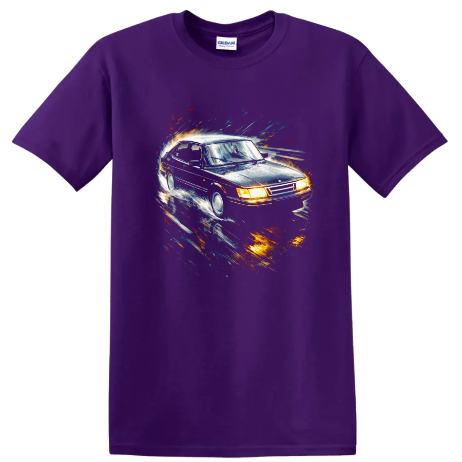 Saab 900 Turbo car graphic with colorful motion streaks on a black T shirt on a Purple T Shirt