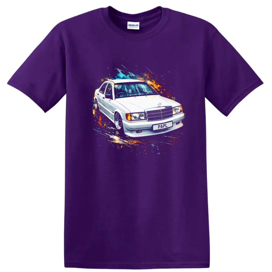 White Mercedes-Benz 190E car with colorful paint splash graphic print on a Purple T Shirt