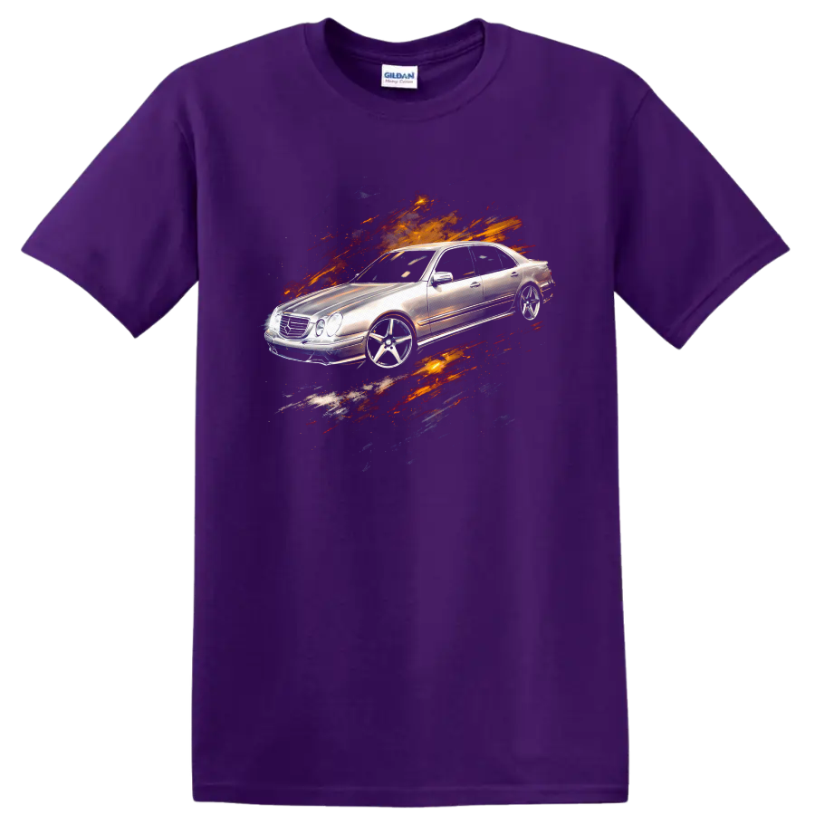 Silver Mercedes-Benz E-Class W210 with paint-splatter graphic print on a Purple T Shirt