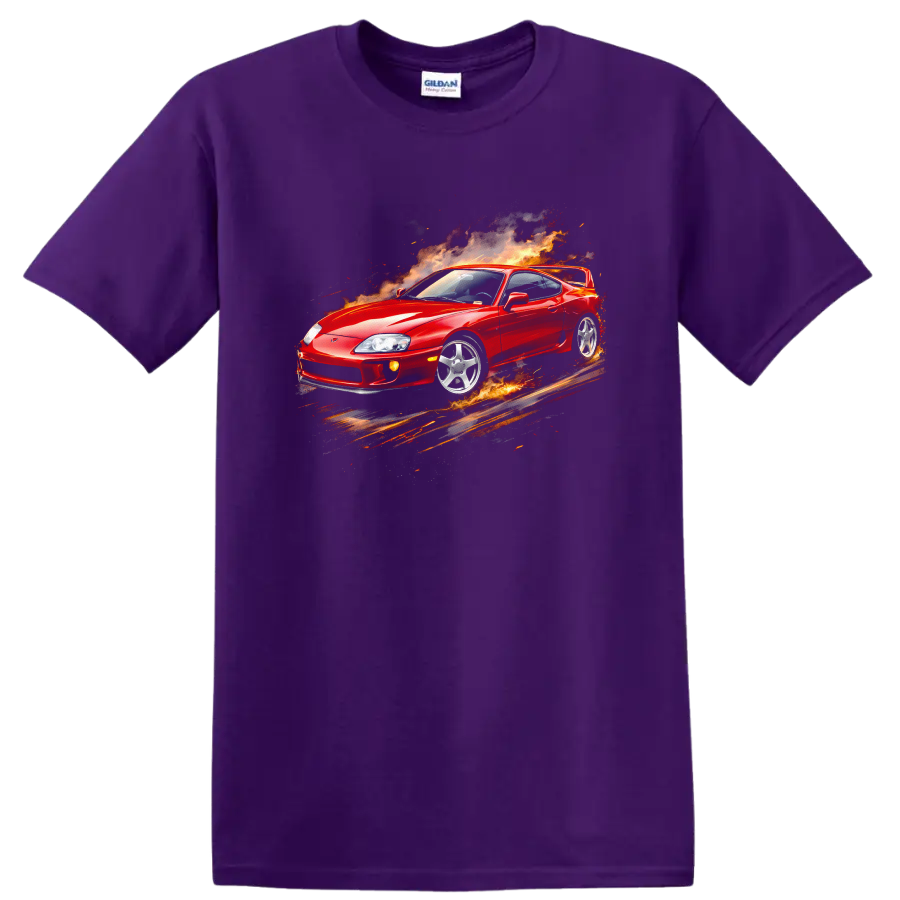 Red Toyota Supra MK4 surrounded by flames and smoke on a graphic print T shirt on a Purple T Shirt