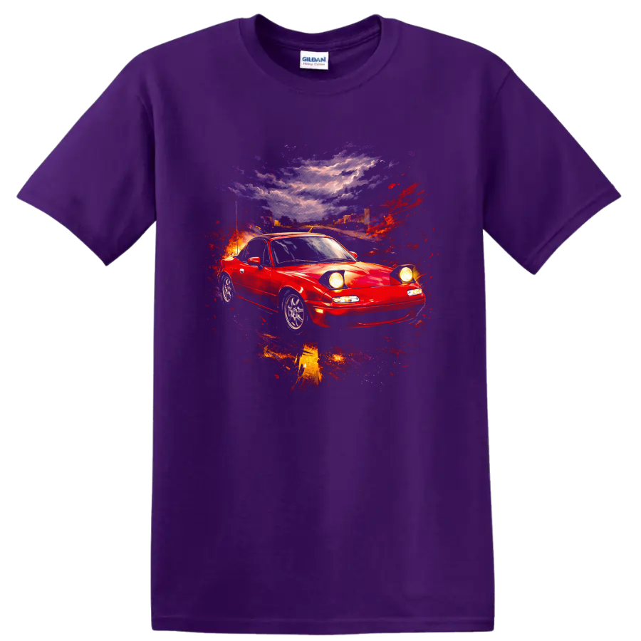 Red Mazda MX-5 Miata sports car with colorful abstract street-scene graphic print on a Purple T Shirt