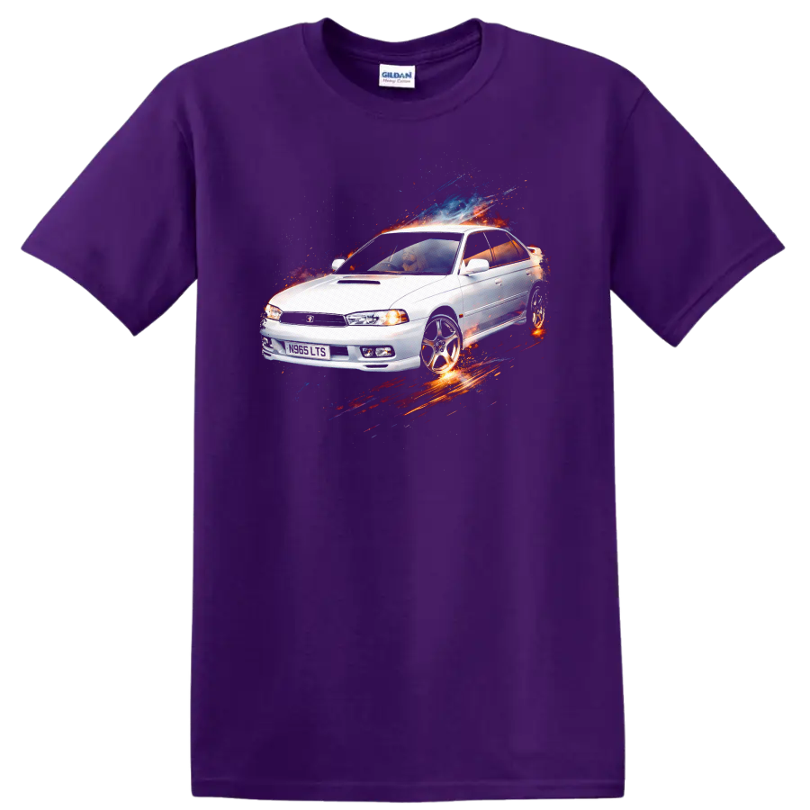 White Subaru Legacy old car graphic print with splash effects on black background on a Purple T Shirt