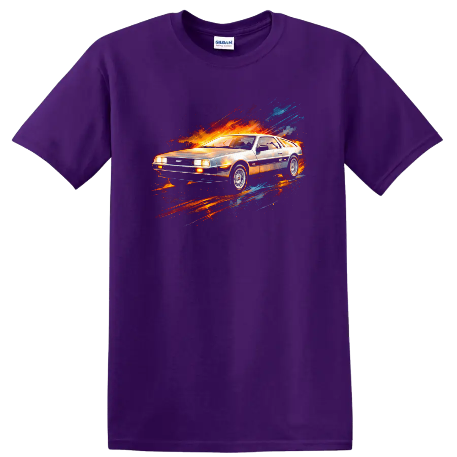 Silver DeLorean-style car with fiery red, orange, and blue motion streak graphic print on a Purple T Shirt