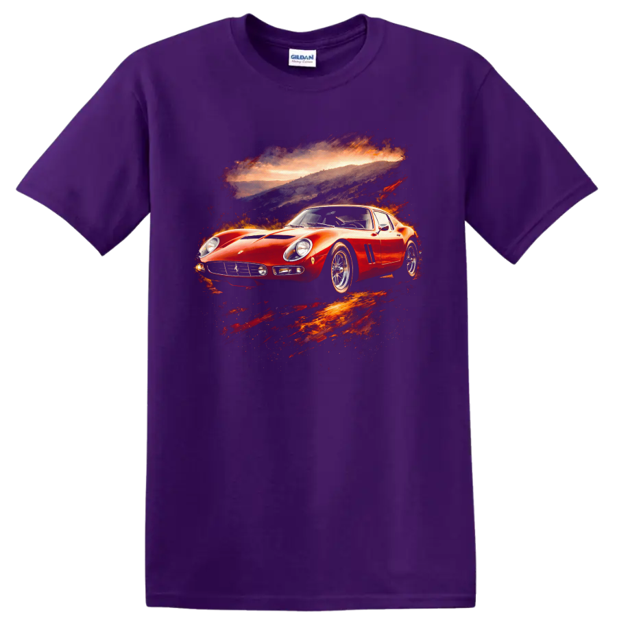 Red Ferrari 250 GTO classic sports car graphic print with sunset backdrop on a Purple T Shirt