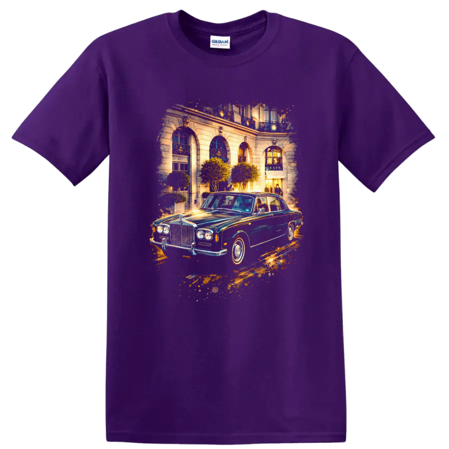 Rolls-Royce Silver Shadow classic car in a luxury city scene graphic print T shirt on a Purple T Shirt