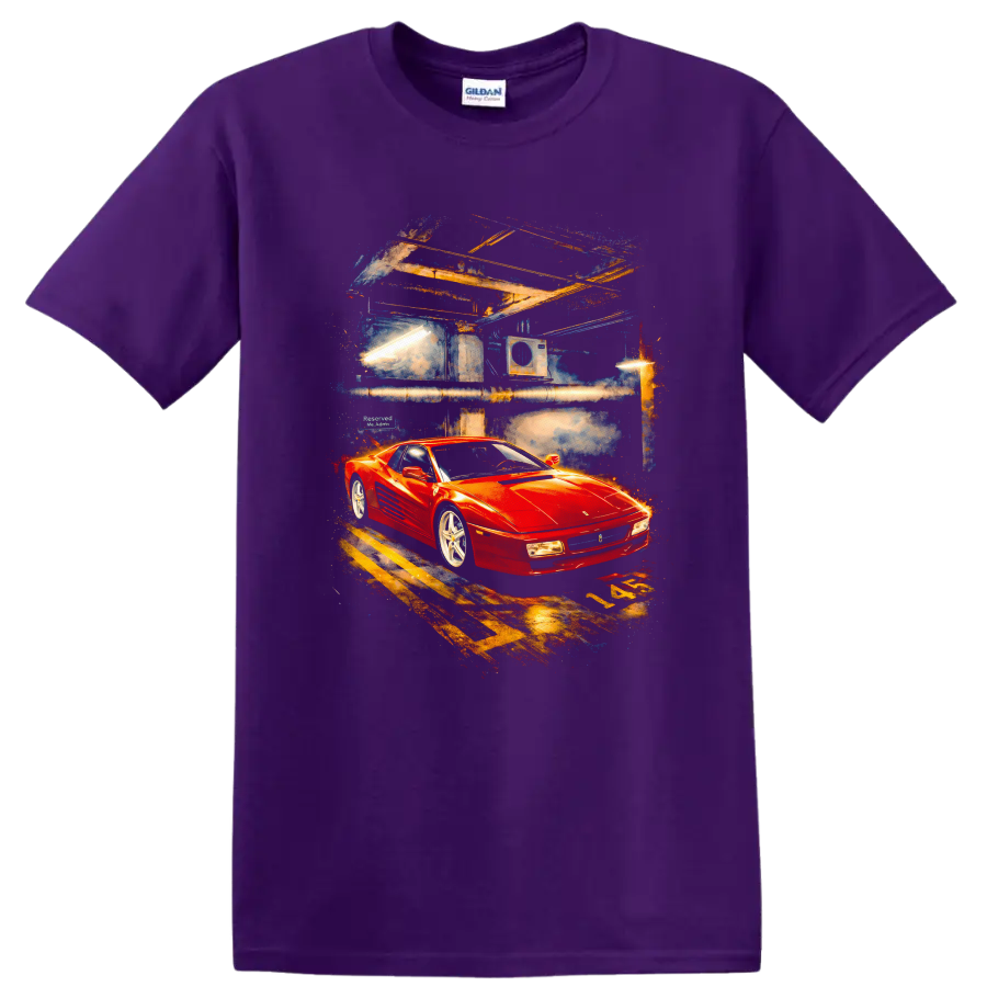 Red Ferrari Testarossa sports car graphic print on a black T shirt on a Purple T Shirt