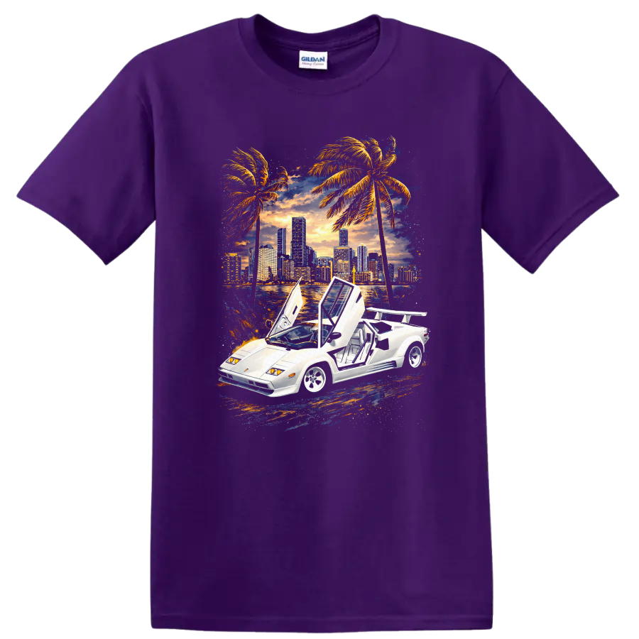 White Lamborghini Countach with raised doors, sunset skyline, palm trees, graphic print T-shirt on a Purple T Shirt