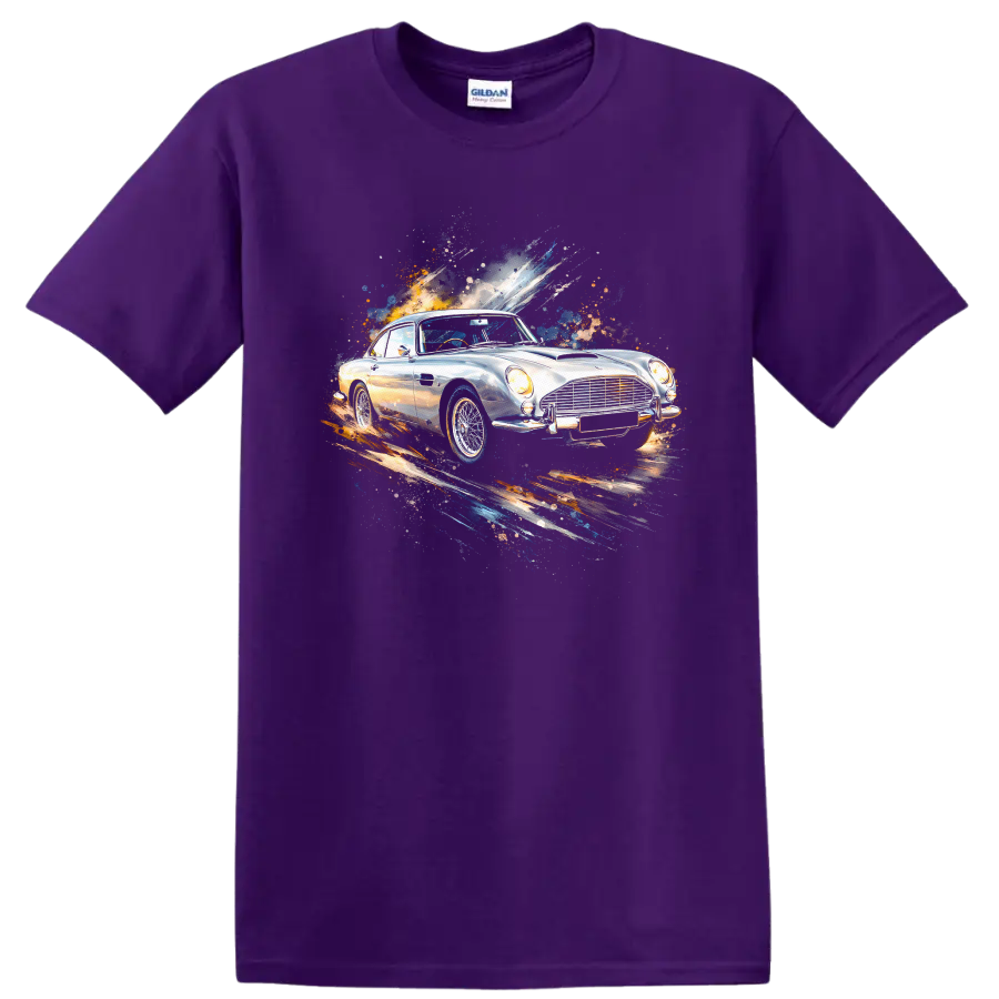 Aston Martin DB5 old car watercolor graphic print T-shirt on a Purple T Shirt