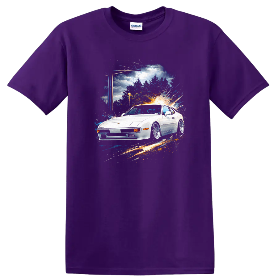White Porsche 924 sports car with motion burst graphic print on T shirt on a Purple T Shirt