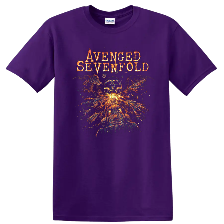 Avenged Sevenfold inspired skull, wings, and flames graphic print T - Purple