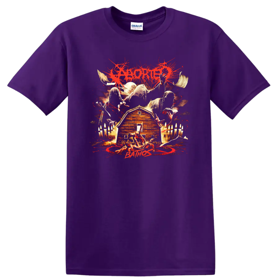 ABORTED horror metal graphic on a T-shirt with dark splatter artwork and eerie farmhouse - Purple