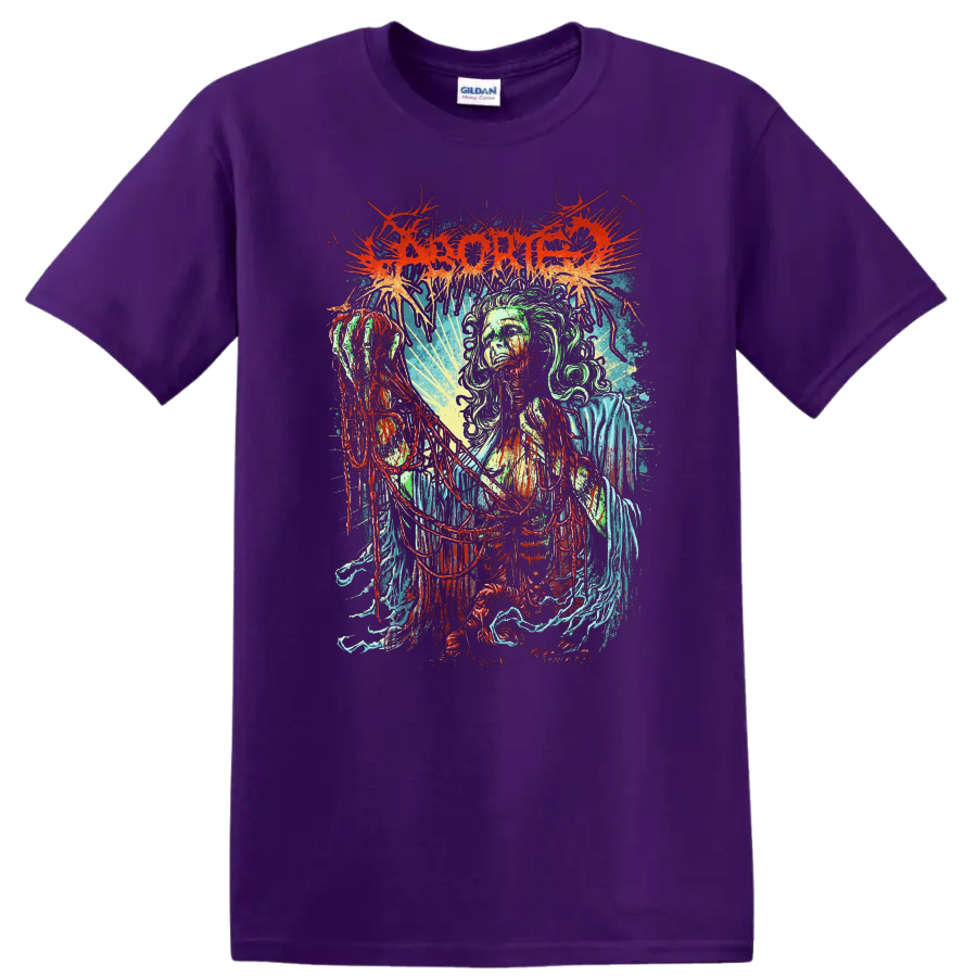 ABORTED-inspired death metal graphic print with horror figure on a T - Purple