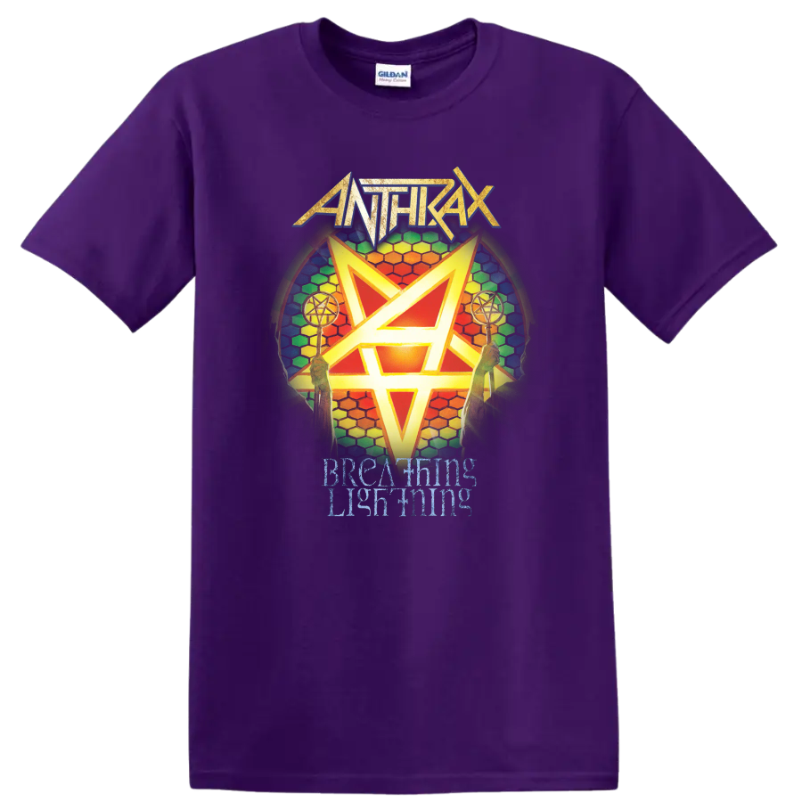 Anthrax logo with rainbow hexagram and Breathing Lightning text graphic print T - Purple